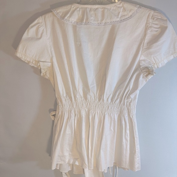 MKM Designs Womens Size M Blouse Wrap Tie Ruffle Lace Trim V-Neck Puff Sleeves - Picture 2 of 15